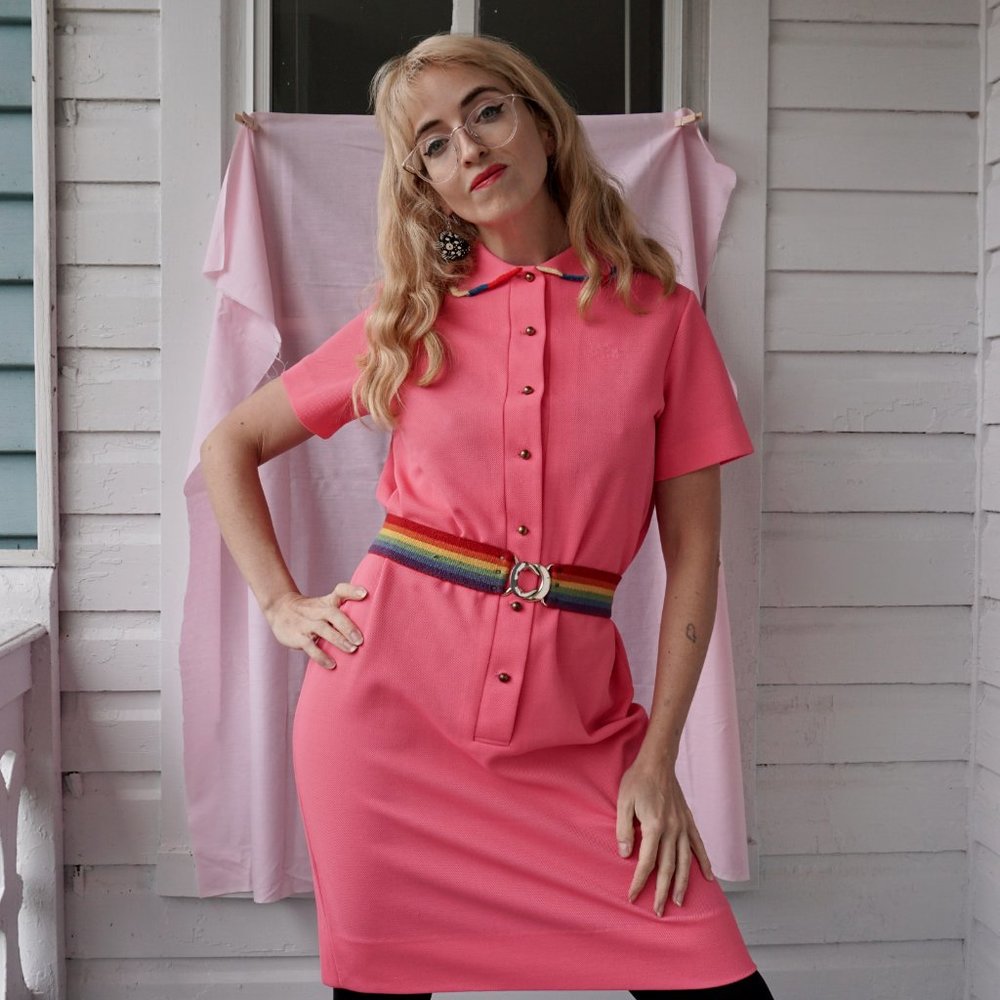 Pink 1970s reworked Lacoste rainbow dress